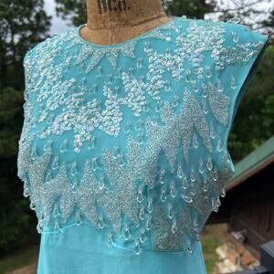 Vintage 60s Icy Frosted Sequined Beaded Chiffon Empire Flowy Maxi Gown M